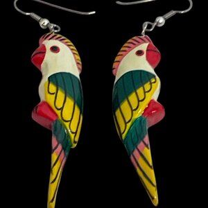 Hand-Painted wooden Parrot Dangle Earrings with Vibrant Tropical Colors